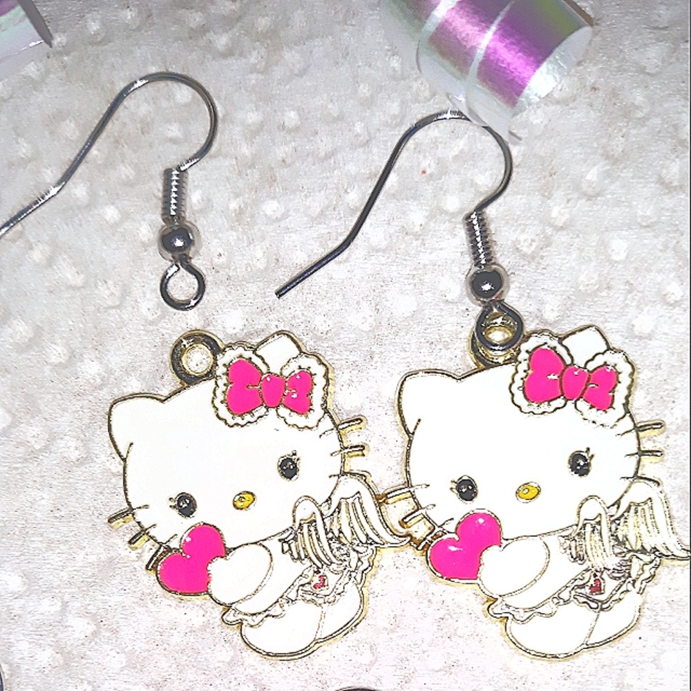 Hello Kitty White Cupid Dangle Earrings Enamel on Stainless Steel Earwires NEW - Picture 4 of 7